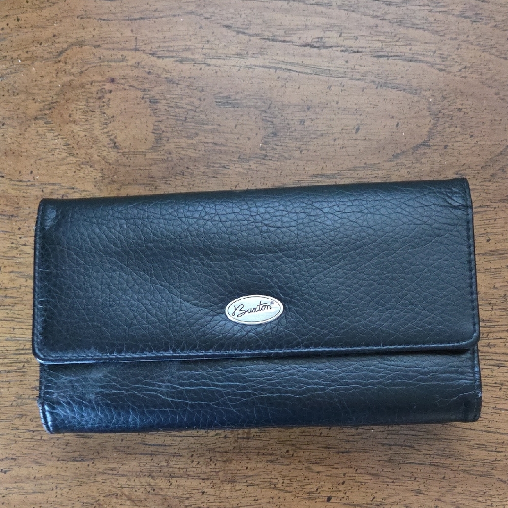 Burton Black Leather Wallet, Zippered Coin Pocket, 12 Credit Card Slots